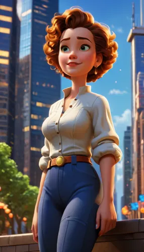 agnes,merida,waitress,tiana,animated cartoon,cute cartoon character,barb,nora,city ​​portrait,girl in overalls,princess anna,main character,disney character,girl sitting,cinnamon girl,digital compositing,manhattan,angelica,disney baymax,up