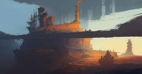 a painting of an industrial landscape is seen in this image,industrial landscape,futuristic landscape,ship wreck,freighter,post-apocalyptic landscape,ancient city,Conceptual Art,Sci-Fi,Sci-Fi 01