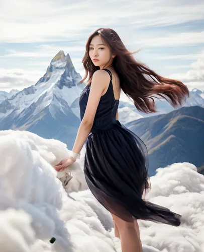 little girl in wind,mountain climber,inner mongolian beauty,mountain spirit,white winter dress,girl on a white background,the spirit of the mountains,ice princess,portrait photography,high-altitude mo