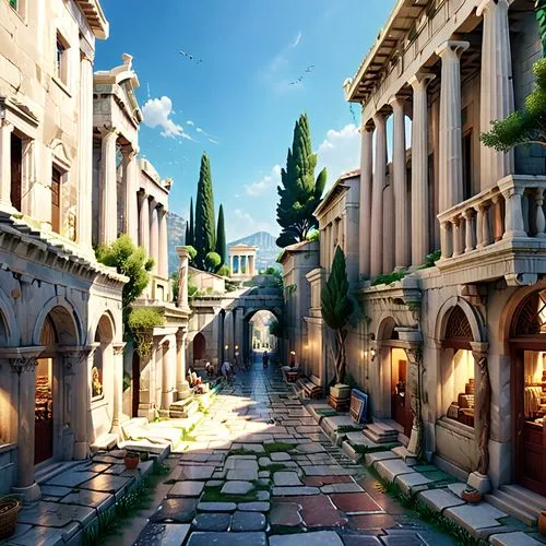 an artist's rendering of a street that appears to be made in the early 1900's,theed,ancient city,kotor,medieval street,kalypso,venetian,citadels,kondos,ephesus,medina,barrayaran,novigrad,kavala,labyri