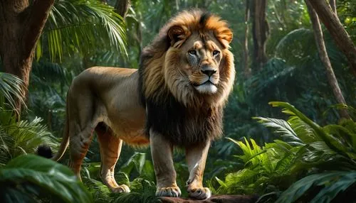 A huge African lion in a tropical forest,male lion,king of the jungle,forest king lion,african lion,sumatrana,panthera leo,female lion,kion,lion,male lions,iraklion,pardus,sibaya,jabali,animal kingdom