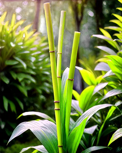 Tall cane, green leaves, thick stem, node patterns, natural texture, morning dew, soft sunlight filtering through leaves, 3/4 composition, shallow depth of field, warm color tone, cinematic lighting.,