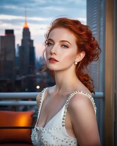 woman with red hair and pearl necklace standing near balcony,chastain,redhair,redhead,red head,redheads,elegant,Photography,General,Realistic