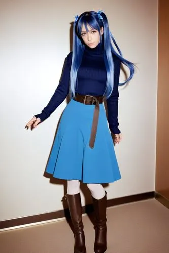 cosplay, girl, solo, long hair, kazanari tsubasa, hair ornament, blue hair, boots, ribbed sweater, long skirt, looking at viewer, blue eyes, one side up, standing, blue sweater, turtleneck, pantyhose,