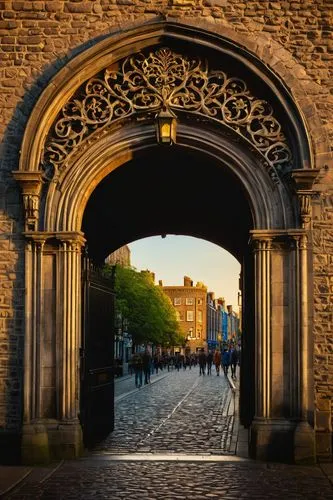 Dublin, Ireland, Georgian architecture, Trinity College, Ha'penny Bridge, Temple Bar, River Liffey, evening time, warm golden light, ornate stone carvings, intricate ironwork, vibrant street performer