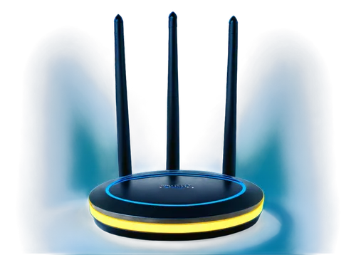 wireless router, modern design, sleek shape, glowing blue lights, multiple antennas, internet cables, desktop background, shallow depth of field, soft focus, warm color tone, 3/4 composition, panorami