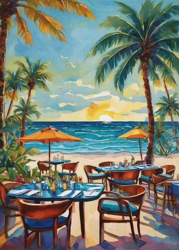 beach restaurant,beach bar,beach landscape,caribbean beach,beach chairs,atlantic grill,outdoor dining,tropical beach,blue hawaii,the hotel beach,coffee bay,breakfast table,watercolor cafe,paradise beach,yolanda's-magnolia,palmbeach,punta-cana,waikiki beach,oil painting,summer beach umbrellas,Illustration,Abstract Fantasy,Abstract Fantasy 07