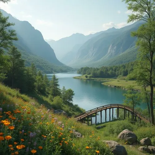 Tranquil natural landscape, rolling hills, serene lakeside, lush green forests, meandering rivers, rugged mountain ranges, vibrant wildflowers, rustic wooden bridges, weathered stone walls, earthy ton