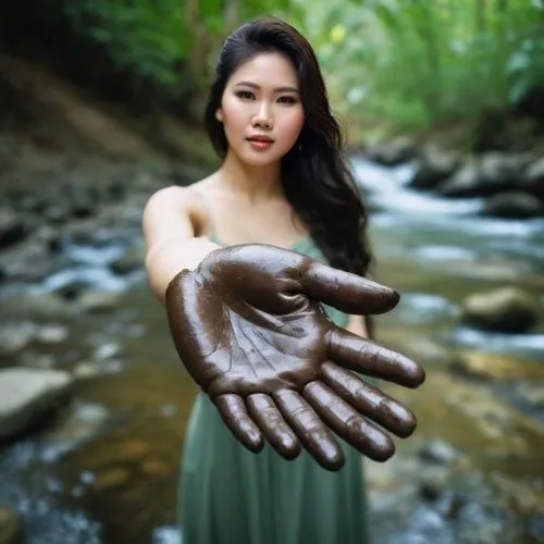 hand im schlamm,a woman is holding out hands in the middle of a creek,giant hands,latex gloves,buddha's hand,woman hands,hand painting,hand digital painting