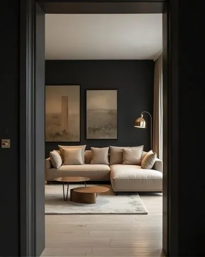 there is a large sectional in this dark room,minotti,rovere,contemporary decor,home interior,hallway space,interior modern design