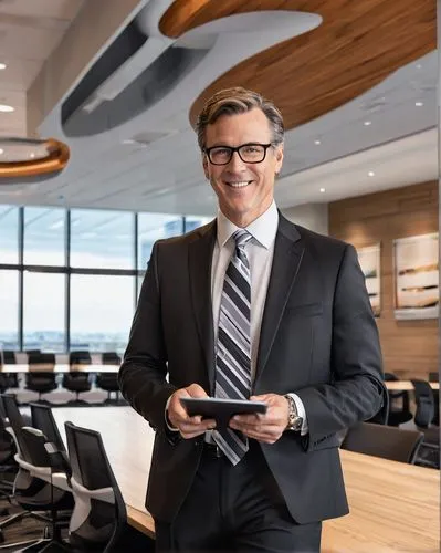 Certified specialist, middle-aged man, professional attire, black suit, white shirt, tie, glasses, short brown hair, gentle smile, holding a tablet, standing in front of a large Cisco logo, modern con