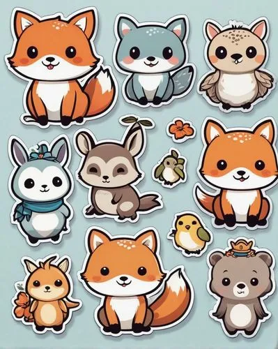 A collection of ten adorable Nordic-style cartoon animal stickers. The animals include a friendly turtle, a cute elephant, a playful giraffe, a wise owl, a hopping bunny, a graceful deer, a majestic e