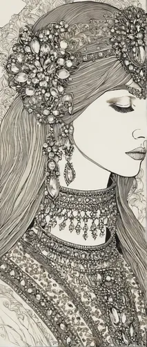 bridal jewellery designs,indian art,fashion illustration,tusche indian ink,radha,rem in arabian nights,vintage drawing,the carnival of venice,mucha,hand-drawn illustration,art deco woman,pen drawing,p