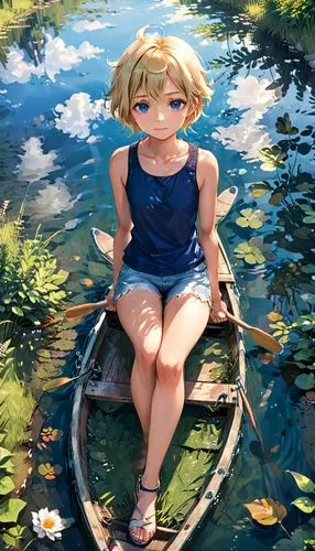 darjeeling,the blonde in the river,lilly pond,perched on a log,lily pond,creek,saber,summer day,lily pad,lily pads,waterlily,little boat,water-the sword lily,pond,water nymph,water lily,lily water,water lilly,girl on the boat,studio ghibli,Anime,Anime,Traditional