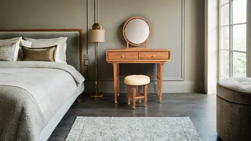 The dressing table is placed next to the bed frame, a feminine room with soft colors,there is a mirror and vanity in the bedroom,nightstands,danish room,danish furniture,guest room,gustavian,chambre