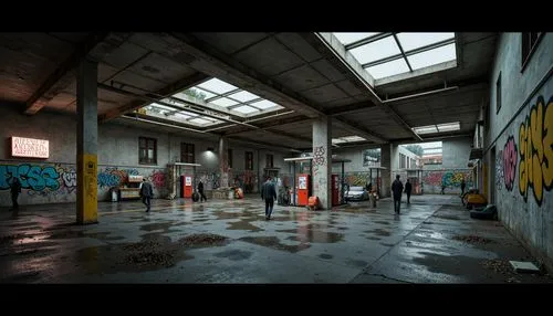 underground car park,abandoned train station,fabrik,industrial hall,trainshed,empty factory,depot,train station passage,urban,garage,marshalling yard,depots,loading dock,photorealism,train station,factory hall,parking lot,car park,urbex,udk