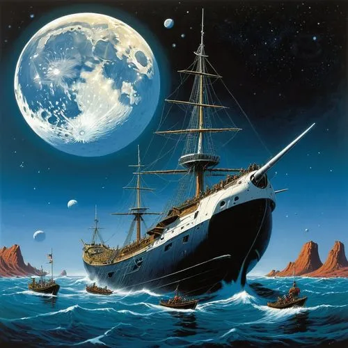 whalers on the moon but there aint no whales so they tell tall tales and sing a whaling tune,a painting of an ocean liner and two smaller boats,sea fantasy,lurianic,sea sailing ship,spelljammer,sail s