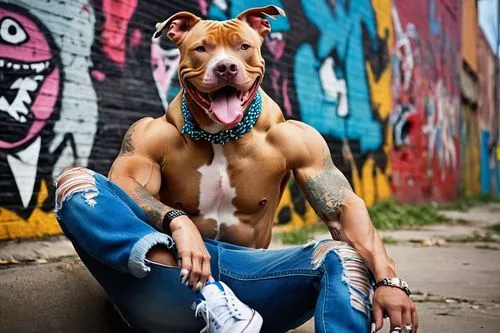 Colorful Pitbull, sitting, vibrant fur, blue eyes, smile, tongue out, ears up, muscular body, tattoos on arms, ripped jeans, sneakers, graffiti background, urban setting, sunny day, warm lighting, sha