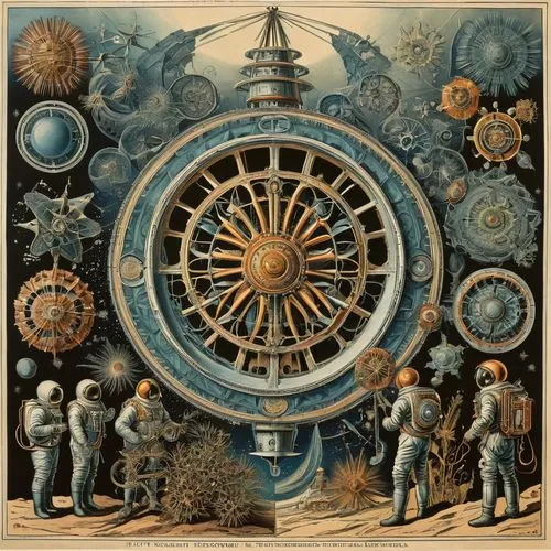 astrologers,haeckel,chromolithography,tock,rosicrucianism,stargates,prognosticator,ship's wheel,copernican world system,cog wheel,orrery,chronometers,stoeckel,dartboard,clockmaker,copernican,astronomical clock,geocentric,harmonia macrocosmica,astrolabe,Illustration,Retro,Retro 24