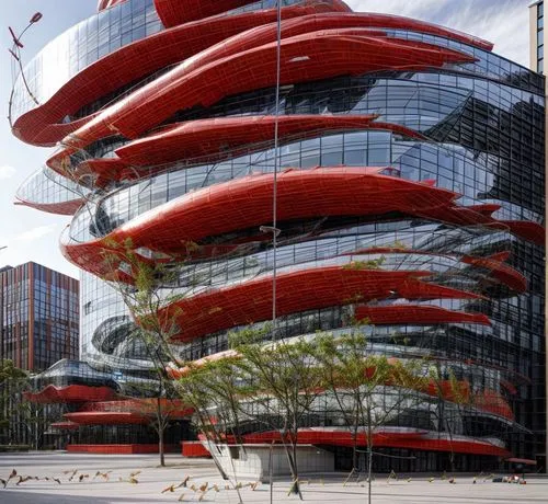 red fire building ,futuristic architecture,hotel w barcelona,autostadt wolfsburg,red milan,hotel barcelona city and coast,glass facade,kirrarchitecture,glass building,futuristic art museum,guggenheim 