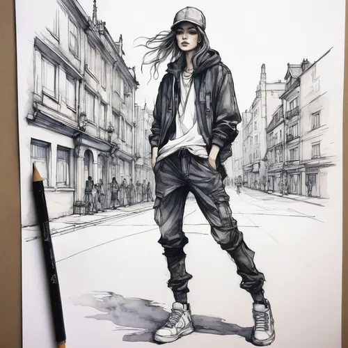 Sketch a casual streetwear outfit for a trendy urban setting.,watercolor paris,watercolor paris shops,fashion sketch,watercolor paris balcony,fashion illustration,fashion street,copic,drawing mannequi