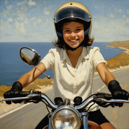 motorcyclist,girl with a wheel,motorcycling,motorcycle tours,motorbike,riding instructor,motorcycle helmet,motorcycles,motorcycle,bicycle helmet,motorcycle tour,moped,oil painting,girl and car,motor-bike,oil painting on canvas,woman bicycle,piaggio ciao,vespa,motorcycle racer,Illustration,Realistic Fantasy,Realistic Fantasy 09