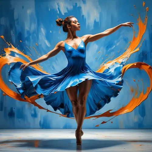 In an 8k hyper-realistic oil painting, an unreal engine 3D animated cartoon portrays a dancer in vibrant blue and orange streaks, their fluid movements captured with impasto strokes. The minimalistic 