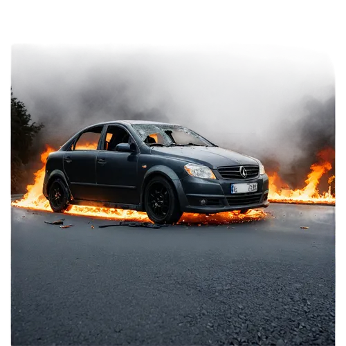 Crashed car, damaged bumper, broken headlights, shattered windshield, twisted metal, smoke emerging, flames engulfing, abandoned on roadside, night scene, dim streetlights, rainy weather, dramatic sha