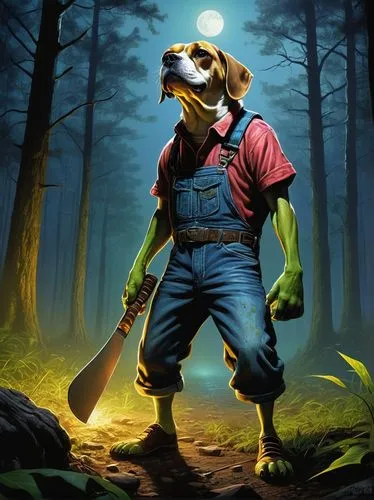 A striking illustration of an anthropomorphic beagle and bullfrog redneck bullies in the woods, exuding menace. The beagle, wearing overalls, clutches a baseball bat with determination, while the bull