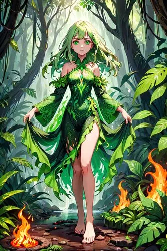 fuego verde con forma de mujer fantasma, barefoot, green eyes
,saionji,dryad,tiki,fae,forest clover,marji,saria,yunan,gumi,midori,sylvan,forest background,yggdrasil,schierke,schierstein,alera,aaaa,ouk