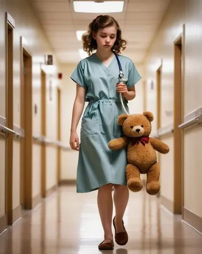 a young girl, suffering from colitis, slender figure, pale complexion, tired eyes, messy brown hair, worn-out expression, hospital gown, IV tube attached, walking slowly, holding a teddy bear, going b