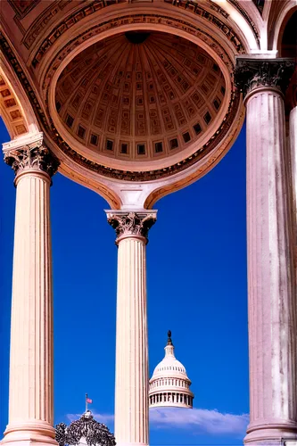 US Capitol Building, Washington D.C., grand dome, white marble, columns, arches, intricate carvings, American flag, sunny day, blue sky, panoramic view, low-angle shot, dramatic lighting, cinematic co