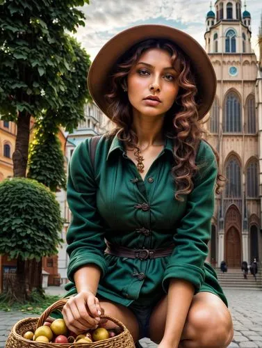 Indian large-breasted woman crouching on the ground in front of a Central European city church, lightly clothed, bare-kneed and barefoot, with a small basket of money and a "Hunger" sign in front of h