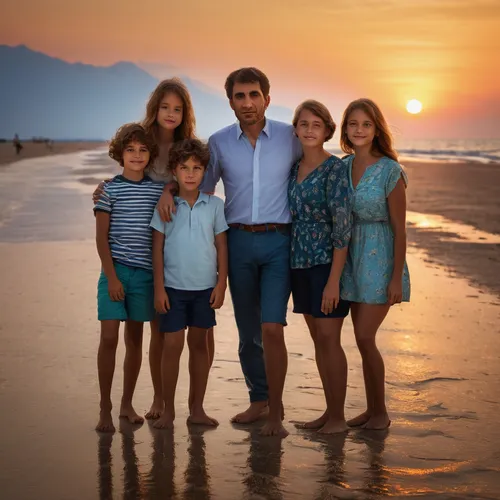 Write about a nostalgic family portrait taken on a sandy beach at sunset.,the dawn family,melastome family,social,herring family,oleaster family,sapodilla family,balsam family,harmonious family,gesner