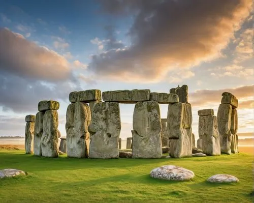 Stonehenge, ancient ruins, prehistoric monument, circular structure, giant stones, earthworks, lush green grass, cloudy sky, England, Salisbury Plain, misty morning, golden hour, low-angle shot, drama