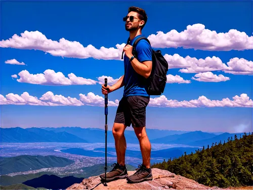 muscular man, outdoor enthusiast, solo, (25yo), short hair, beard, sunglasses, athletic wear, backpack, hiking boots, holding trekking pole, standing on mountain top, breathtaking view, blue sky, fluf