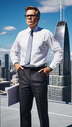 Middle-aged man, architect, standing, serious expression, black-framed glasses, short brown hair, facial stubble, white dress shirt, dark blue tie, black trousers, black leather shoes, holding a large