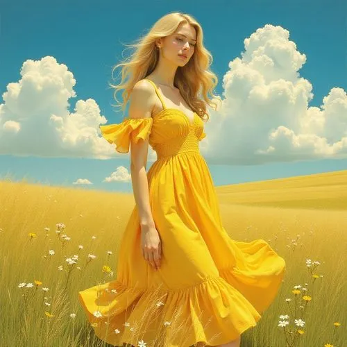 yellow background,yellow,helianthus sunbelievable,heatherley,yellow grass,girl in a long dress,Illustration,Retro,Retro 25