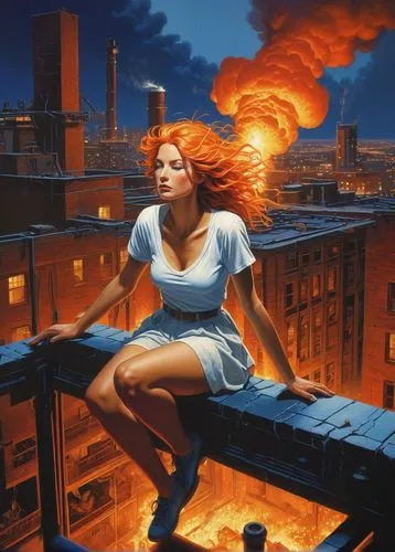 city in flames,hildebrandt,fire angel,fire siren,firestar,firestorms,Illustration,Realistic Fantasy,Realistic Fantasy 18