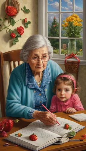 grandmother,grandma,elderly lady,montessori,grandparent,elderly person,granny,grandchild,woman eating apple,girl picking apples,care for the elderly,photoshop manipulation,grama,nanny,children's background,pensioner,granny smith,nanas,elderly people,woman holding pie,Illustration,Realistic Fantasy,Realistic Fantasy 22