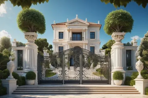 Grand, luxurious villa, modern Roman style architecture, white marble columns, intricate carvings, grand staircase, ornate iron gates, lush greenery, flower beds, tall trees, sunny afternoon, warm sof