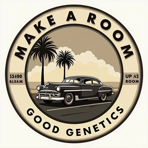 Design a circular emblem with a vintage aesthetic, featuring a classic car in the center against a palm tree backdrop. Above, curved text reads 'MAKE A ROOM,' and below, 'AMERICAN.' Surrounding the de