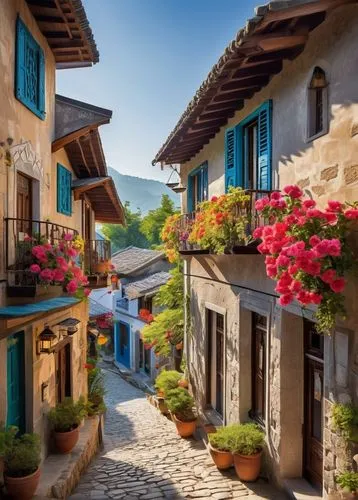 provencal,south france,mountain village,townscapes,alpine village,italy,kefalonia,pueblos,carmel,hanging houses,provence,potes,blocks of houses,italy liguria,row of houses,bougainvilleans,peloponnese,townhouses,quartiere,basque country,Illustration,Vector,Vector 18