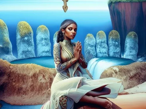 inanna,lumidee,ancient egyptian girl,mermaid background,amphitrite,asherah,Illustration,Realistic Fantasy,Realistic Fantasy 15