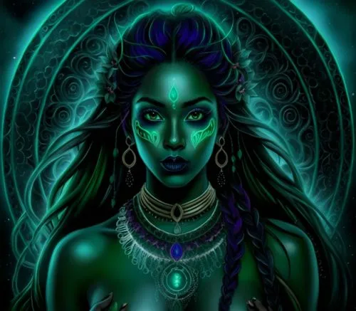 nude Beautiful nigerian girl, full dark curly hair, big green almond eyes, full black lips, misty sky,the beautiful woman with green eyes is painted in the style of celtic artwork,matangi,leota,ashkal