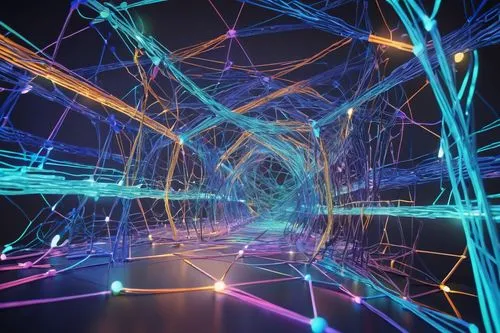 ResNet-18 model architecture, neural network diagram, colorful wires and nodes, 3D visualization, futuristic background, glowing blue lines, complex structure, geometric shapes, metallic texture, shin