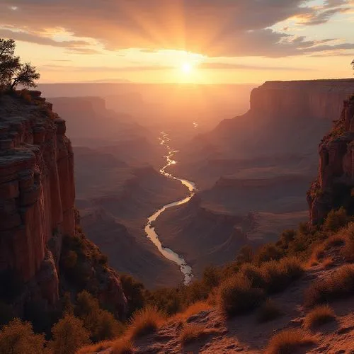 Canyon settings, Arizona, USA, grand canyon, vast valley, Colorado River, sunset time, warm orange light, layered rock formations, eroded cliffs, sparse trees, dry bushes, winding roads, distant mount