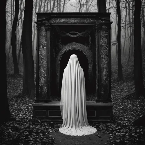 Create a haunting scene in a black and white photo,sepulchre,priestess,creepy doorway,dark art,witch house,gothic portrait,apparition,ghost castle,gothic woman,dance of death,dead bride,ghost girl,sle