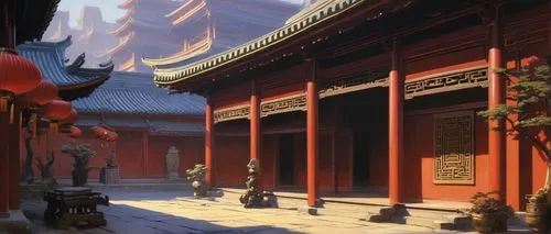 Ancient Chinese, Heian period, traditional, majestic, solemn, red walls, yellow glazed tiles, upturned eaves, intricate carvings, golden accents, lanterns, incense burners, ornate doorways, courtyard,