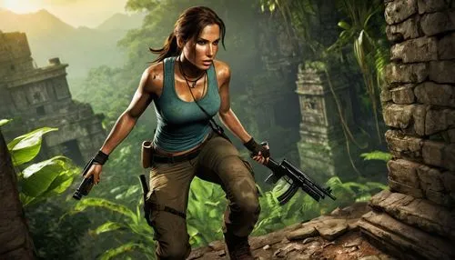 Lara Croft, Tomb Raider, action pose, athletic body, determined facial expression, brown hair tied in a ponytail, minimal makeup, tank top, cargo pants, holstered pistols, rugged boots, ancient temple